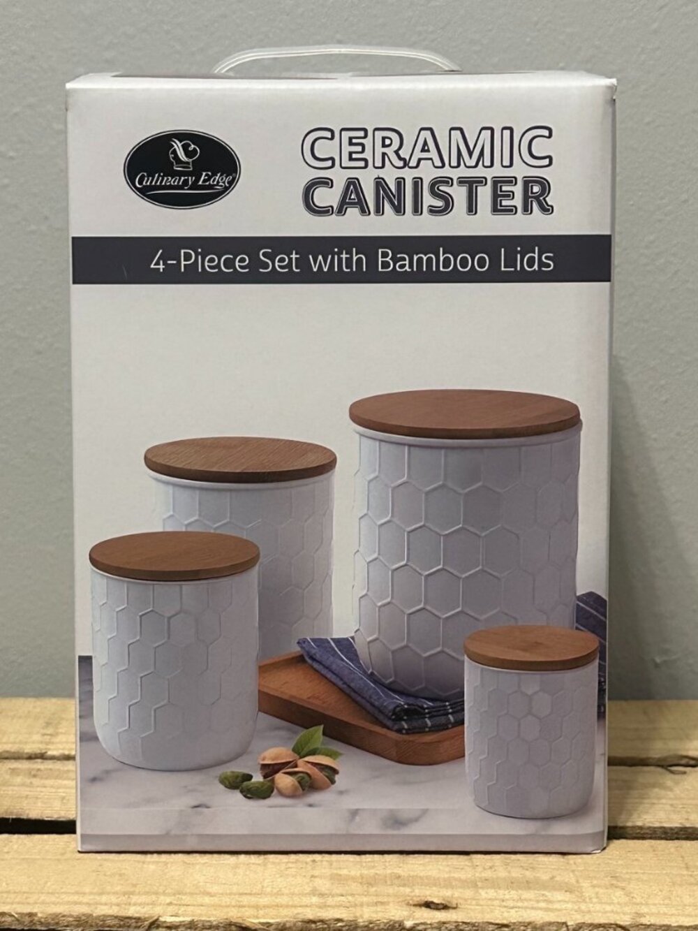 Culinary Edge 4-Piece Ceramic Canister Set with Bamboo Lids, NWT